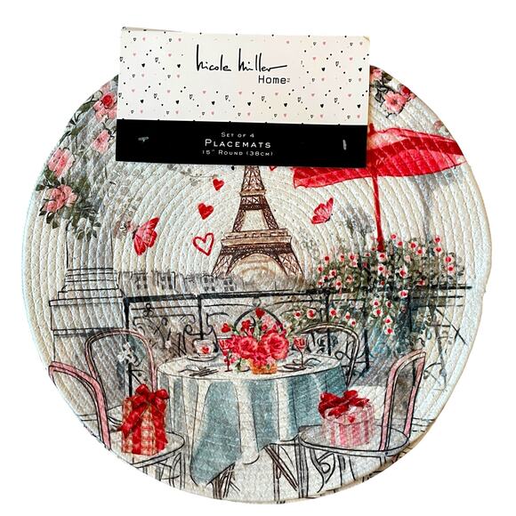 Nicole Miller Valentines Day Placemats 15" Round Paris Eiffel Tower Set of 4 New - Picture 1 of 12